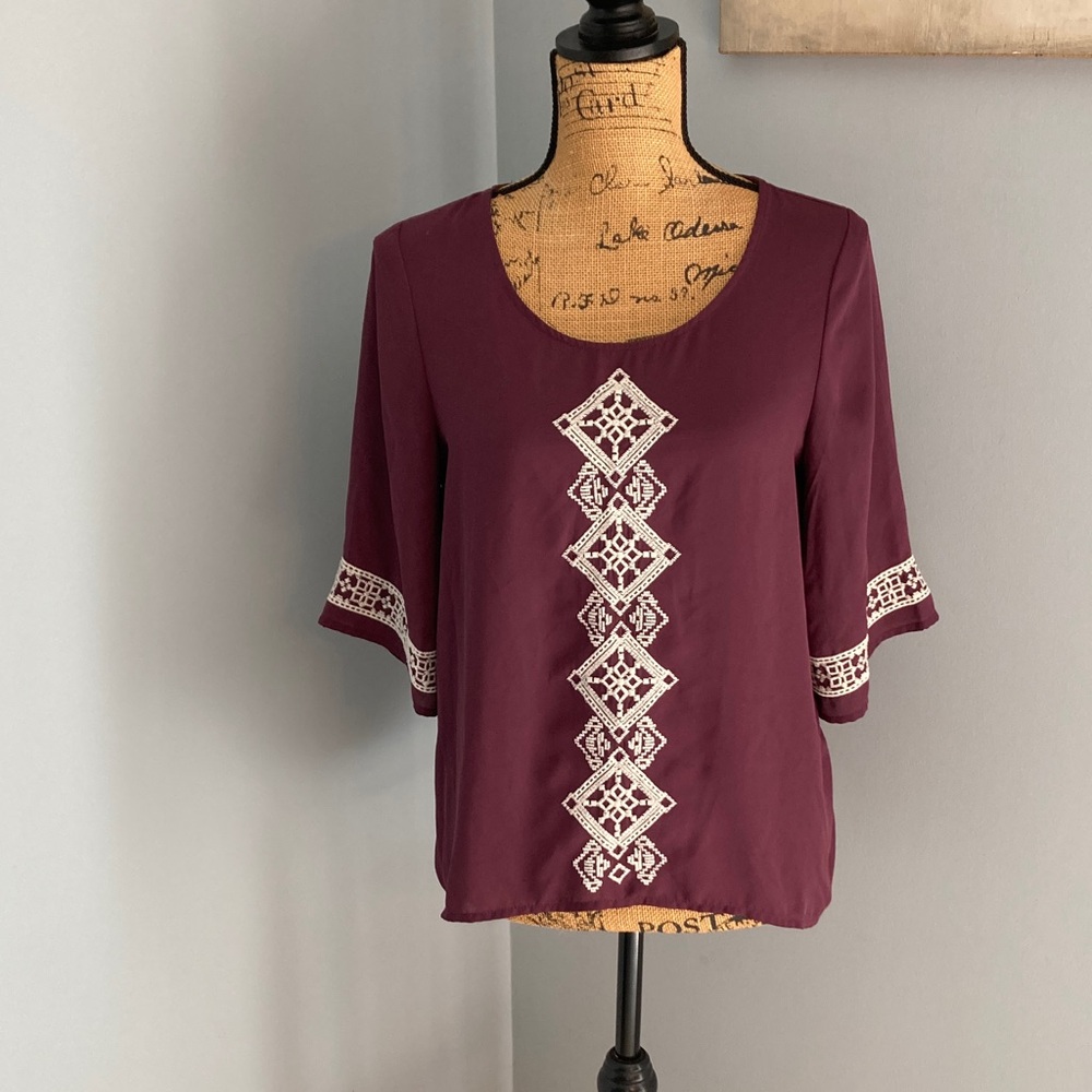 Xhilaration Burgundy Blouse with Embroidery Women Size S/P